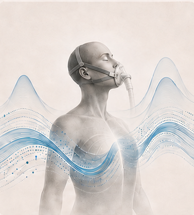A calm person wearing an oxygen mask surrounded by challenge and recovery waves