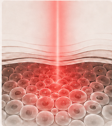 Red therapeutic light energizing cells beneath the tissue surface