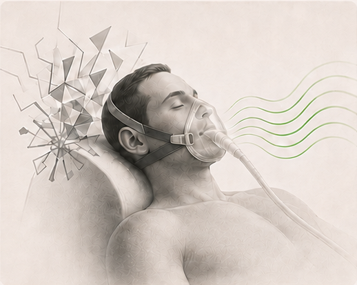 A person resting with headphones as visual noise becomes calm waves