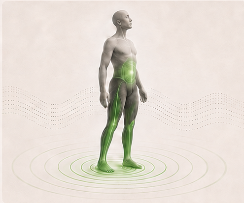 A stable person activating muscles over controlled vibration waves
